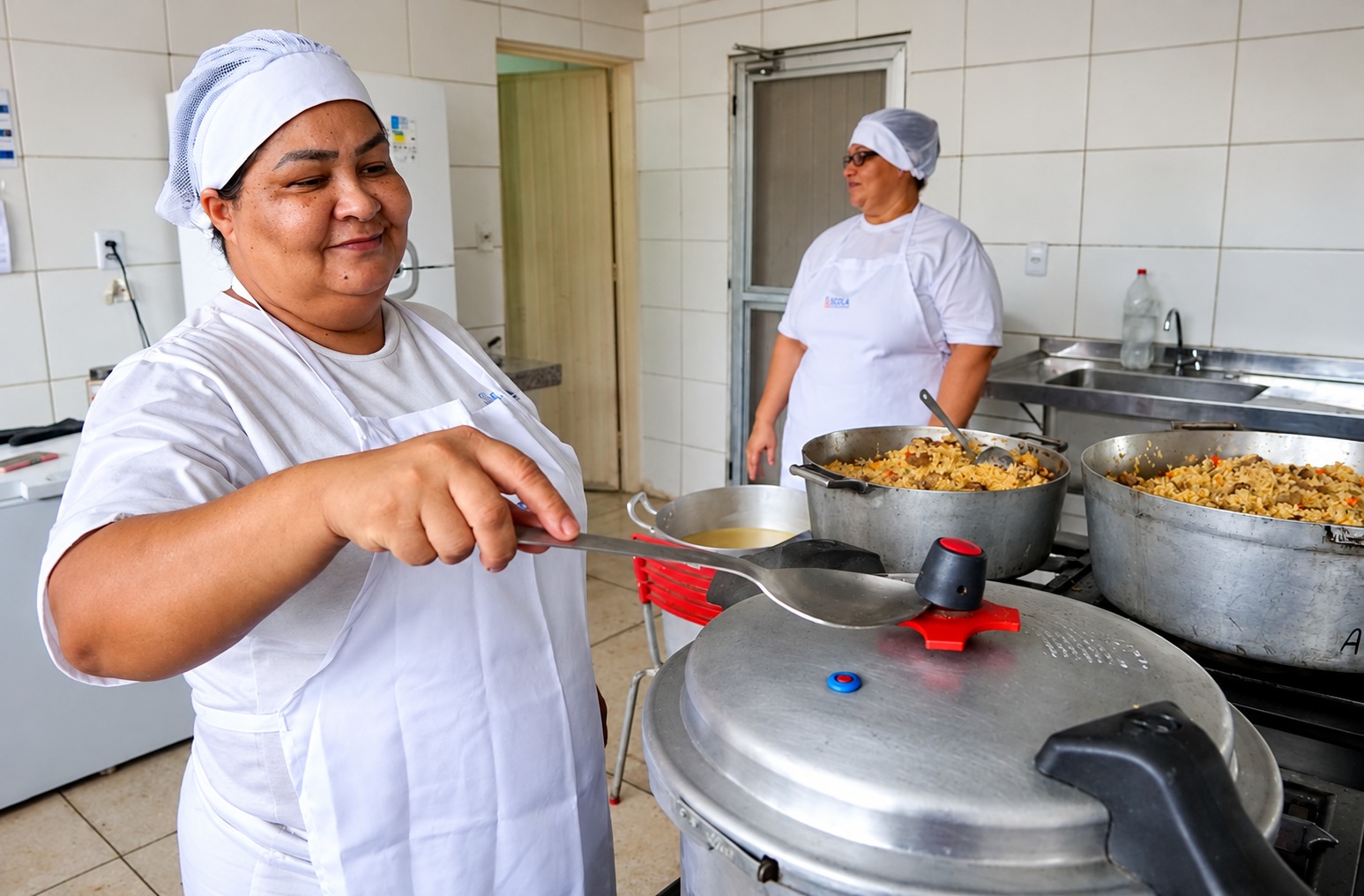 Eciene Ferreira dos Santos já soma 20 anos de trabalho como merendeira sempre cuidando com muito amor das refeições escolares